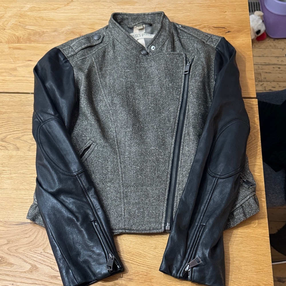 Burberry Gray Wool Jacket with Black Leather Sleeves